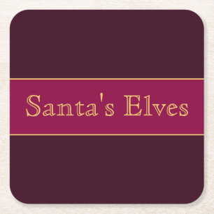 SANTA'S ELVES Fun Festive Burgundy Red Stripes  Square Paper Coaster