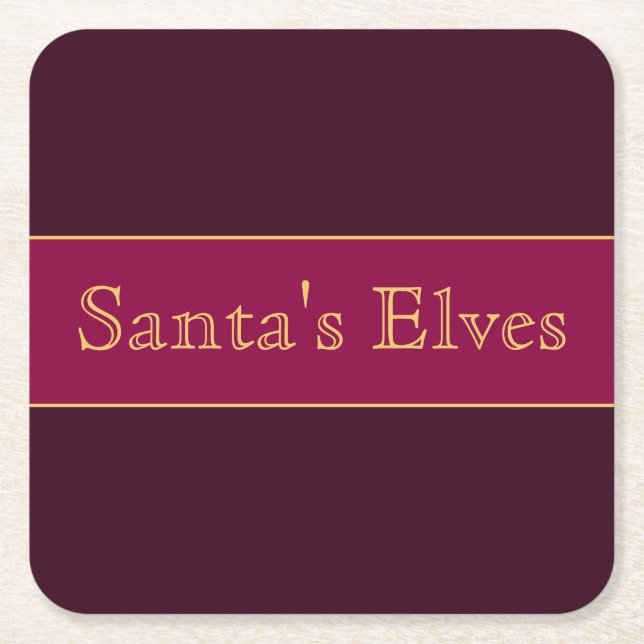 SANTA'S ELVES Fun Festive Burgundy Red Stripes  Square Paper Coaster (Front)