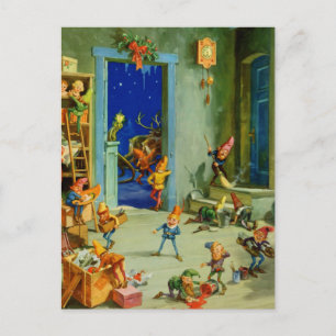 Santa's  Elves in his Workshop on Christmas Eve Holiday Postcard