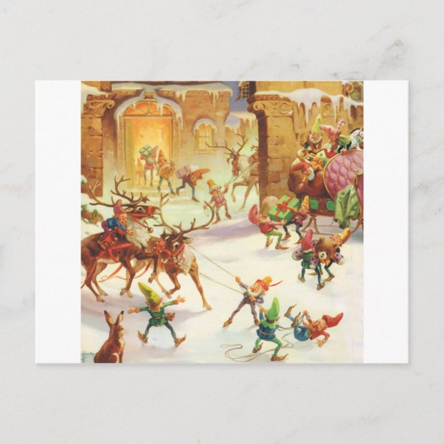 SANTA'S ELVES LOAD HIS SLEIGH WITH GIFTS HOLIDAY POSTCARD (Front)