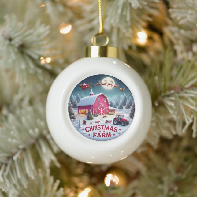 Santa's Farmhouse Christmas Rustic Holiday  Ceramic Ball Christmas Ornament (Tree)