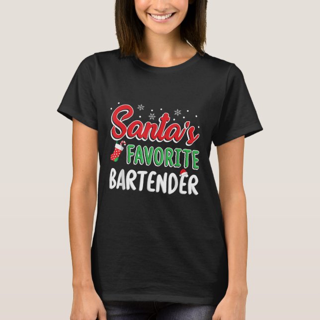 Santa's Favorite Bartender T Shirt Cute Xmas Party (Front)