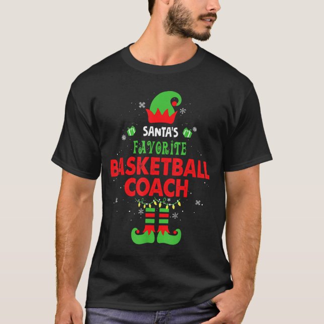 Santa's Favorite Basketball Coach Funny Elf Family T-Shirt (Front)