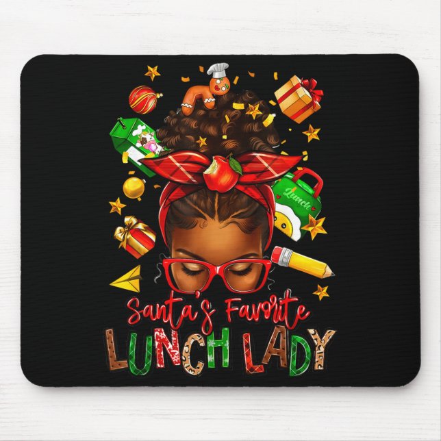 Santa's Favorite Lunch Lady Afro Messy Bun Woman C Mouse Mat (Front)