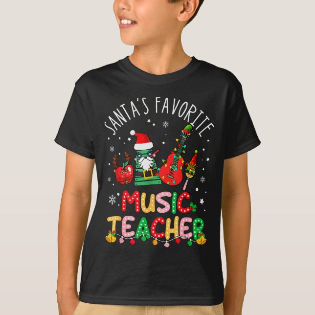 Santa's Favorite Music Teacher Christmas Santa Hat T-Shirt (Front)