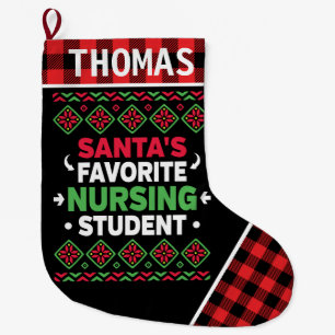 Santa's Favorite Nursing Student Ugly Christmas Large Christmas Stocking