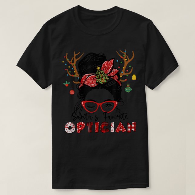 Santa's Favorite Optician Christmas Messy Bun Opto T-Shirt (Design Front)