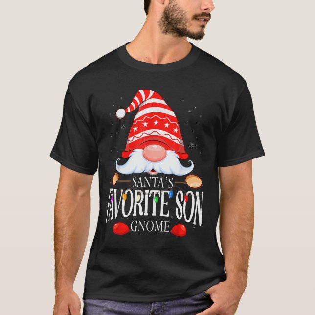 Santa's Favorite Son Gnome Matching Christmas Paja T-Shirt (Front)