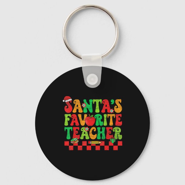 Santas Favorite Teacher Retro Groovy Christmas Xma Key Ring (Front)