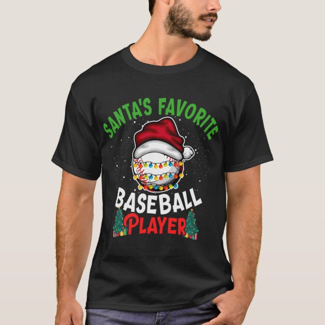 Santa's Favourite Baseball Player Christmas Lights T-Shirt (Front)