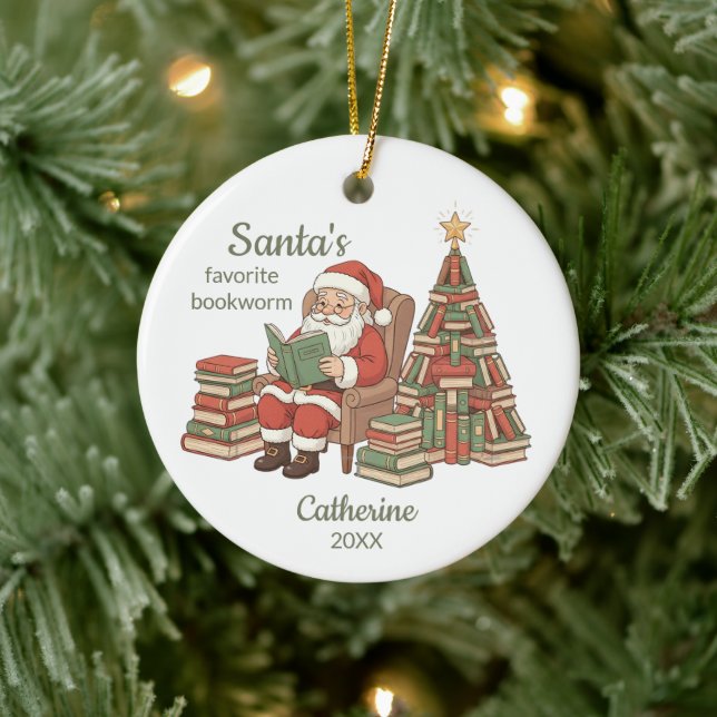 Santa's Favourite Bookworm Name And Year Ceramic Tree Decoration (Tree)