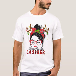 Santa's Favourite Cashier Messy Bun Christmas T-Shirt