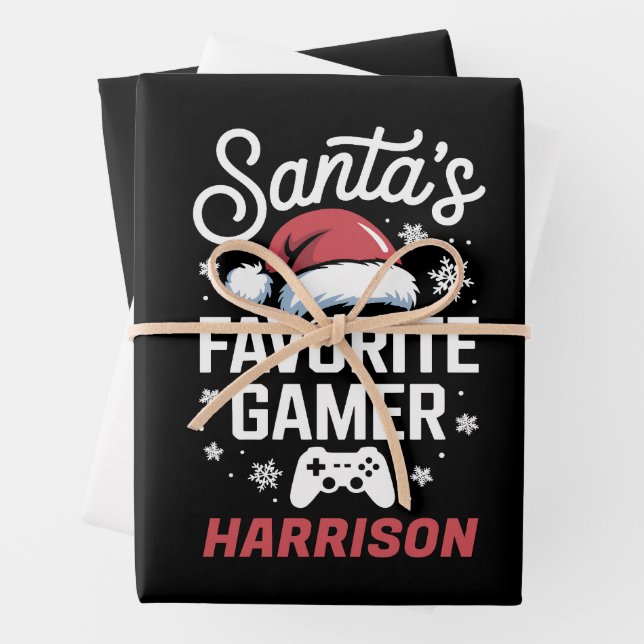 Santa's Favourite Gamer Personalised Gaming Xmas Wrapping Paper Sheet (In situ)