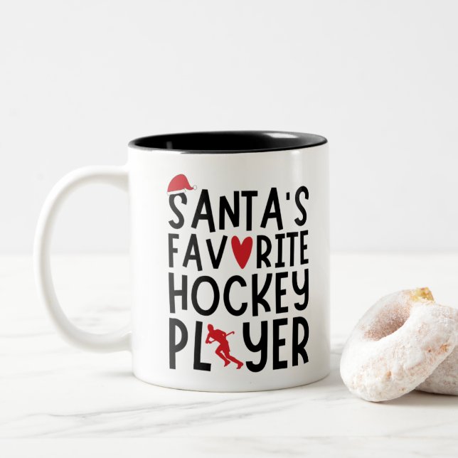Santa's Favourite Hockey Player, Christmas Gifts  Two-Tone Coffee Mug (With Donut)