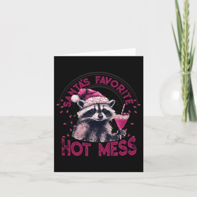 Santa's Favourite Hot Mess Christmas Funny Racoon  Card (Front)