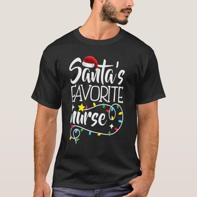 Santa's Favourite Nurse Christmas lights Santa Xma T-Shirt (Front)