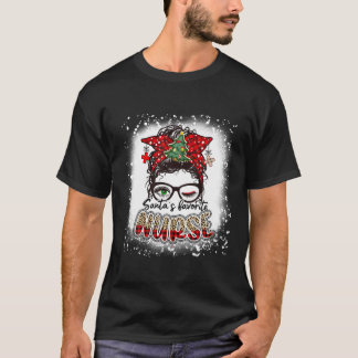 Santa's Favourite Nurse Messy Bun Mum Christmas Bl T-Shirt