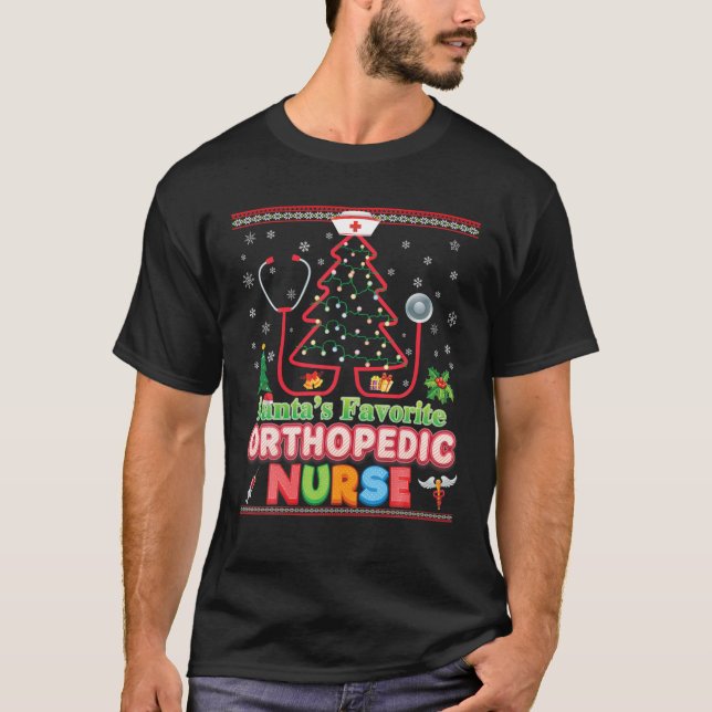 Santa's Favourite Orthopaedic Nurse Christmas Tree T-Shirt (Front)