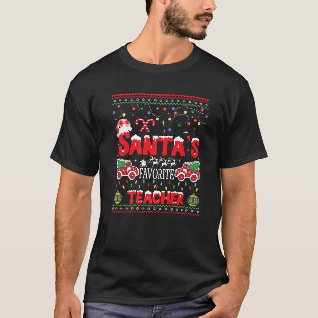 Santas Favourite Teacher Christmas Santa Hat Light T-Shirt (Front)