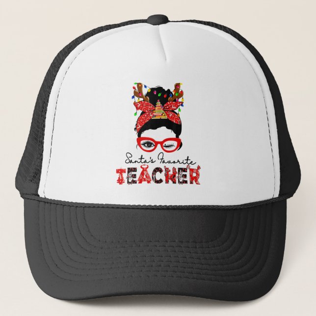 Santa's Favourite Teacher Messy Bun Pyjamas Christ Trucker Hat (Front)