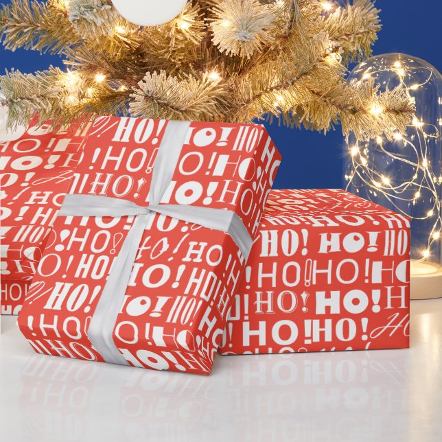Santa's Festive HO! HO! HO! Greeting in Orange Red Wrapping Paper (Holidays)