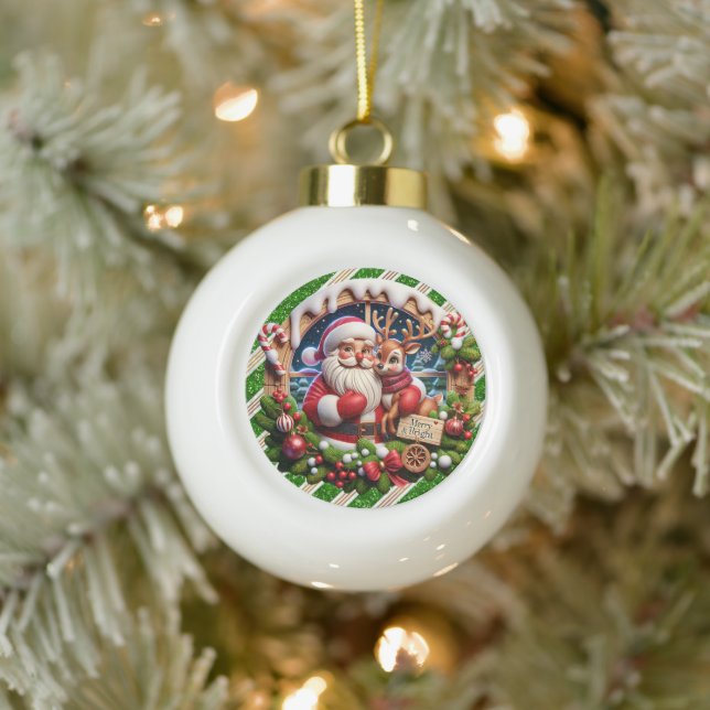 Santa's Festive Ride" - Joyful Christmas  Ceramic Ball Christmas Ornament (Tree)