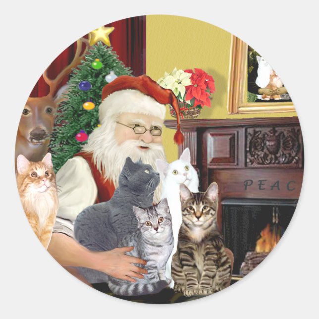 Santa's Five Cats Classic Round Sticker (Front)