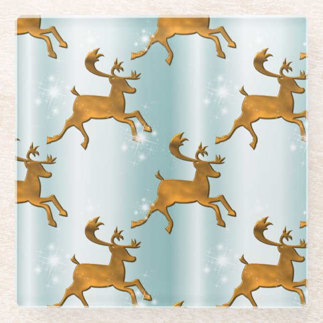Santa's Golden Reindeer Christmas Glass Coaster (Front)