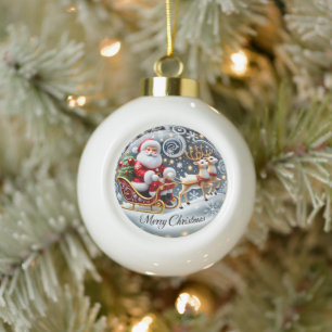 Santa's Grand Sleigh Ride" - Classic Christmas Ceramic Ball Christmas Ornament