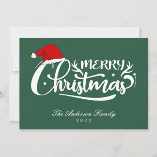 Santa's Hat Green Family Name, Year Christmas Card