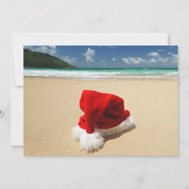 Santa's hat on a tropical beach holiday card (Front)