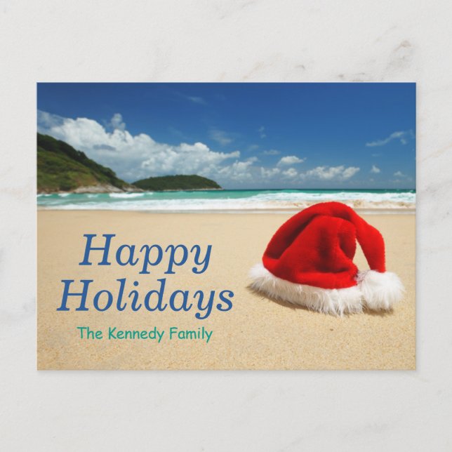 Santa's hat on beach holiday postcard (Front)