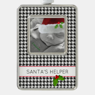SANTA'S HELPER Baby Photo Holly Festive Christmas Silver Plated Framed Ornament