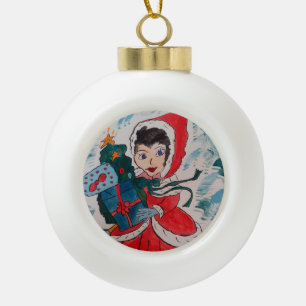 Santa's Helper Ceramic Ball Christmas Ornament