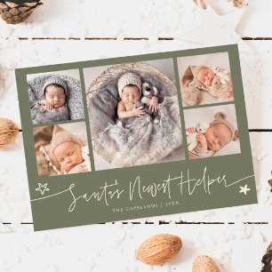 Santa's Helper Christmas Sage Green Birth Holiday Card