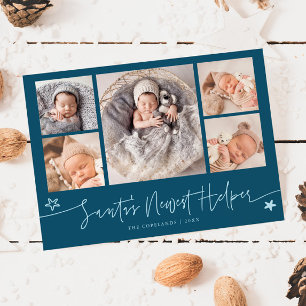 Santa's Helper Christmas Teal Birth Holiday Card