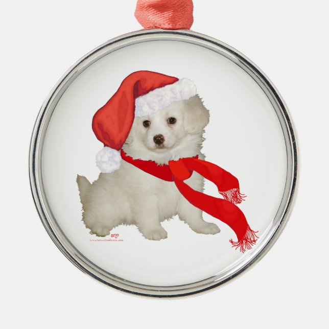 Santa's Helper Puppy Poodle / Bichon Mix Metal Tree Decoration (Front)