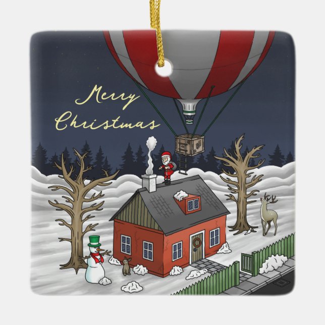 Santa's Hot Air Balloon Ceramic Ornament (Front)