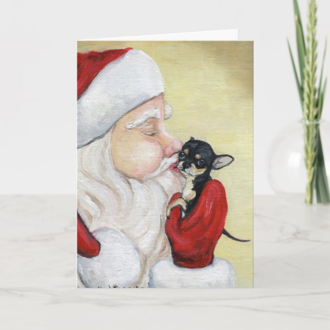 "Santa's Kiss for Chihuahua" Dog Art Greeting Card (Front)