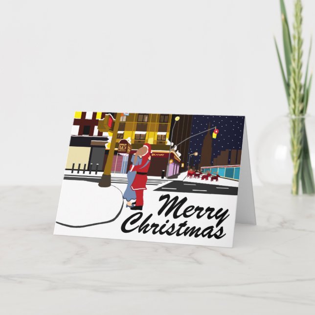 Santa's Kiss On Broadway Christmas Holiday Card (Front)