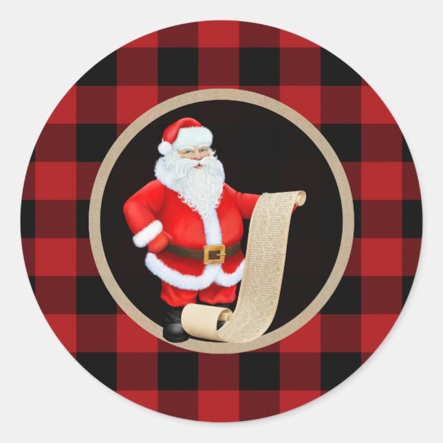 Santa's List Christmas Holiday Red Buffalo Plaid Classic Round Sticker (Front)