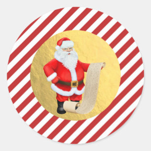 Santa's List Christmas Red Stripes Gold Foil Classic Round Sticker