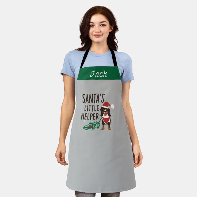 Santa's Little Helper Christmas Bernese Dog Name Apron (Worn)