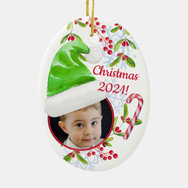 Santa's Little Helper Elf Hat Photo Christmas Xmas Ceramic Tree Decoration (Back)