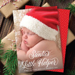 Santa's Little Helper Script Baby Christmas Photo  Holiday Card<br><div class="desc">This festive holiday photo card features one vertical full-frame (aka "full-bleed") photo and a beautiful script greeting in white. The greeting on the front reads "Santa's Little Helper". The back has a coordinating red and white dot pattern. You can also add another photo and/or additional text to the back.</div>