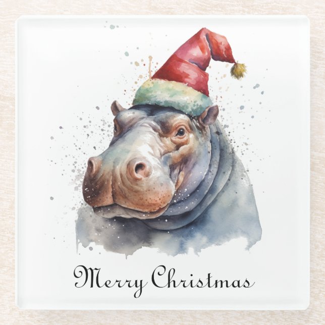 Santa's Little Hippo, custom Glass Coaster (Front)