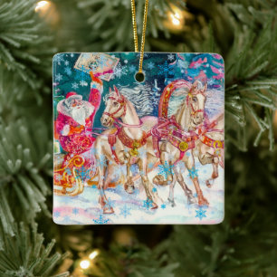 Santa's Magical Horse Sleigh Snow Christmas Night  Ceramic Ornament