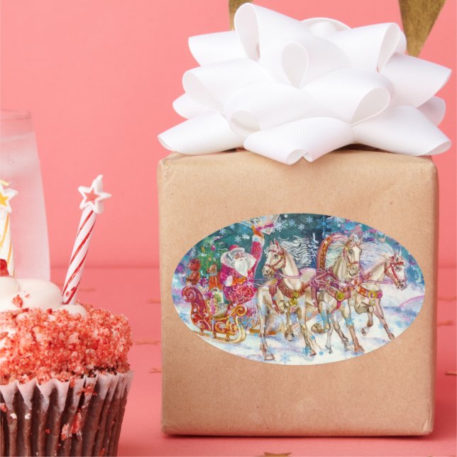 Santa's Magical Horse Sleigh Snow Christmas Night  Oval Sticker (Party)