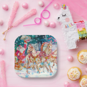Santa's Magical Horse Sleigh Snow Christmas Night  Paper Plate
