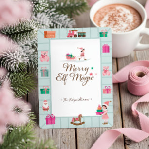 Santa's Magical Pink Elf Toy Workshop Factory Holiday Card